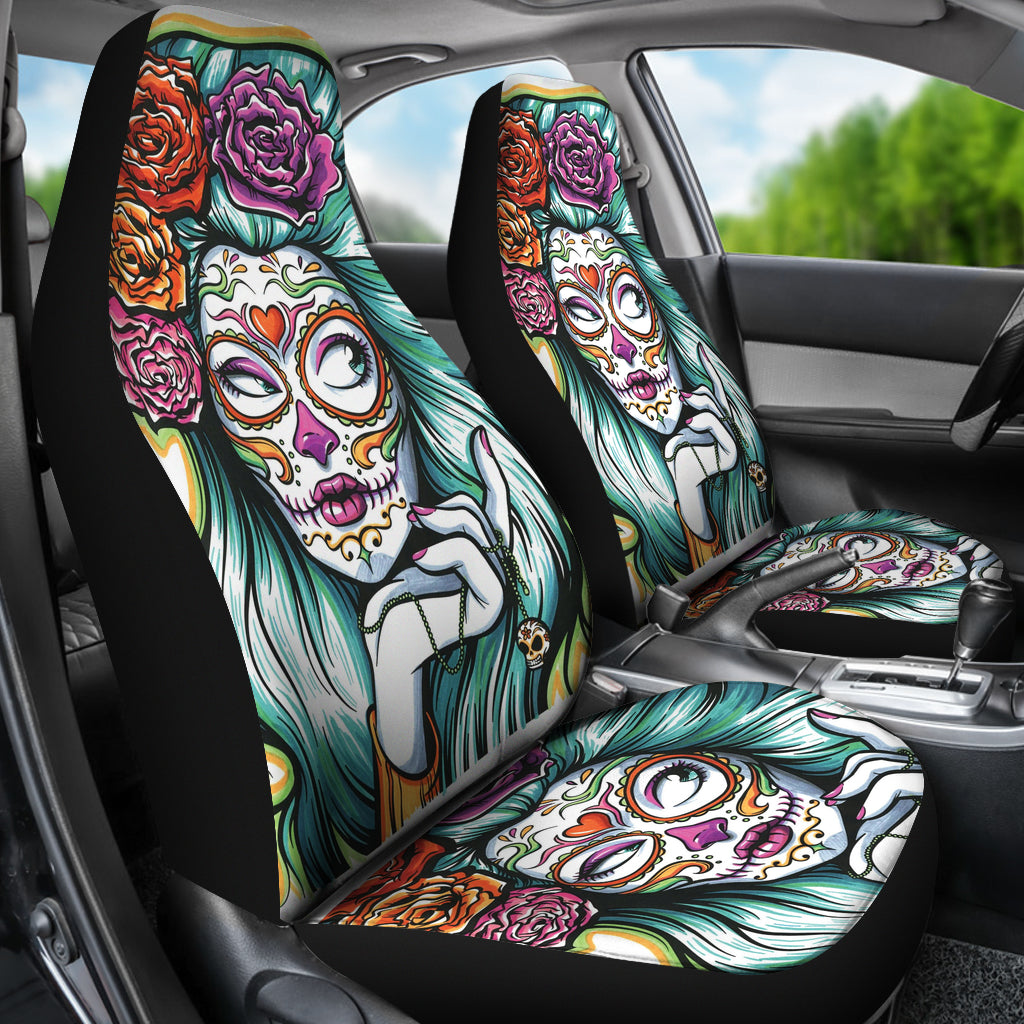 Set 2 day of the dead car seat cover sugar skulls