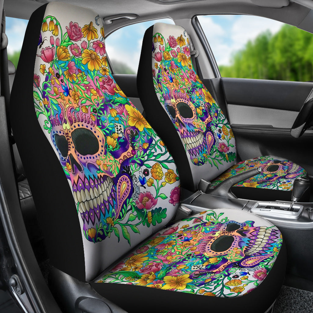 Set 2 pcs Floral sugar skull day of the dead skull car seat covers