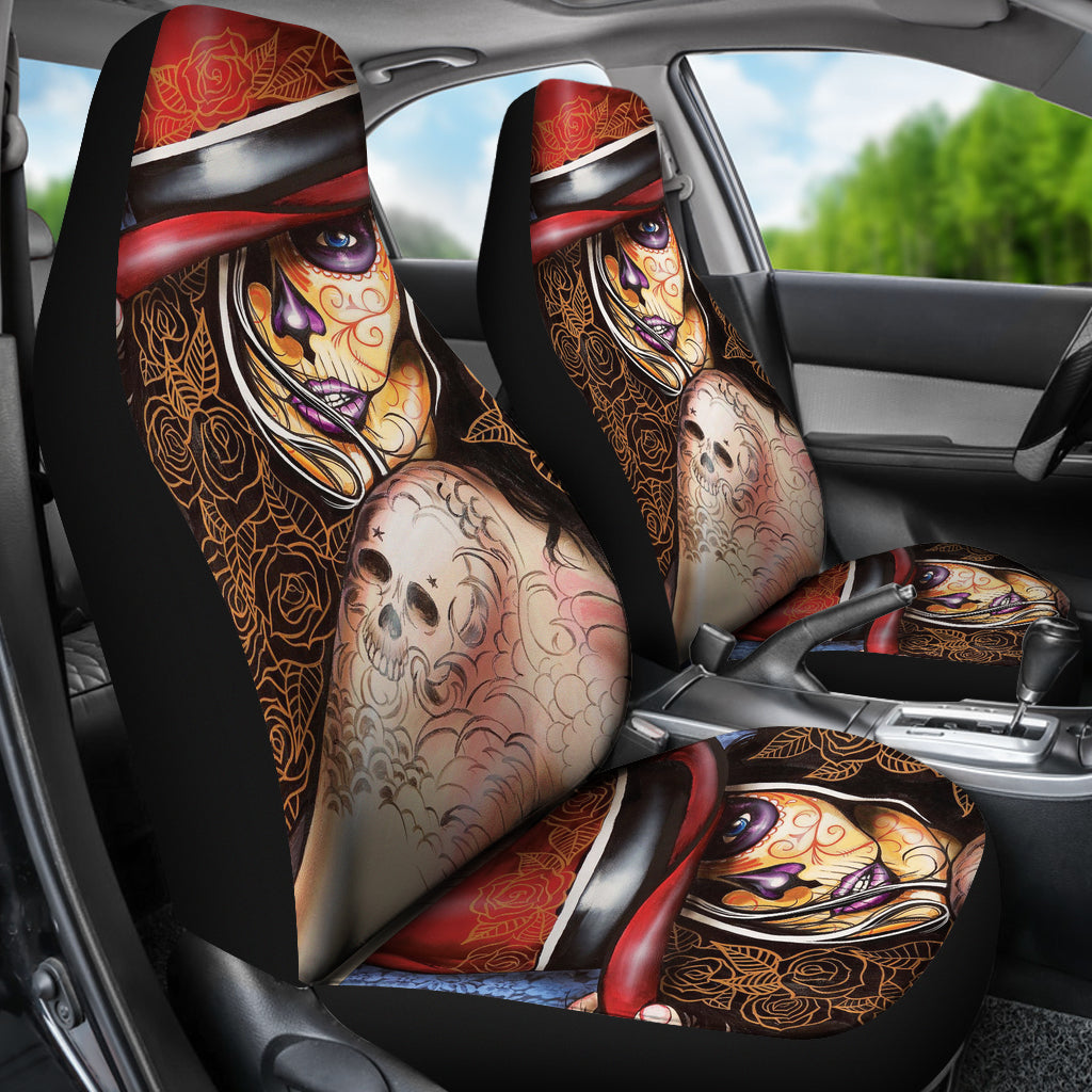 Set of 2 Beautiful sugar skull seat covers - Day of the dead