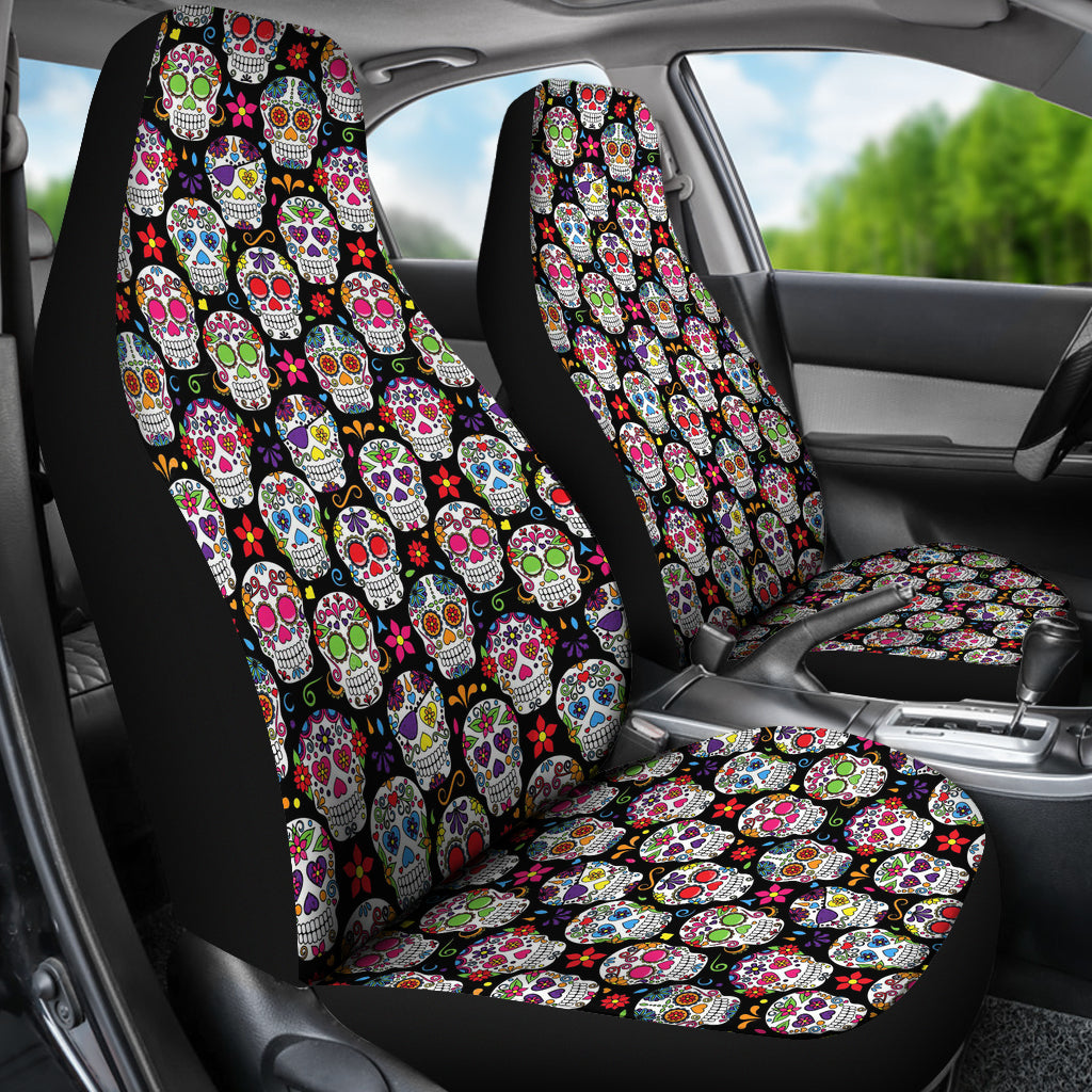 Set of 2 Pcs - Sugar Skulls - Day of the dead car seat covers