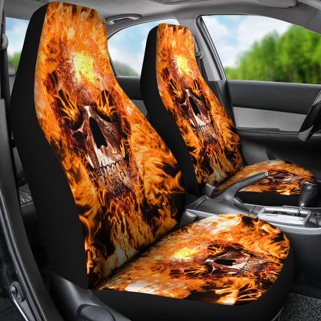 Set 2 Flaming fire skull gothic skull car seat covers