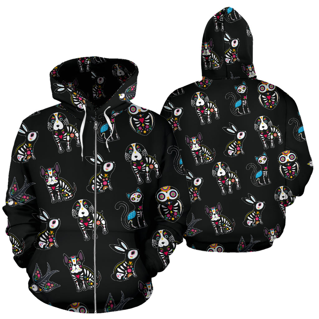 Day of the dead sugar skull animal zip hoodie