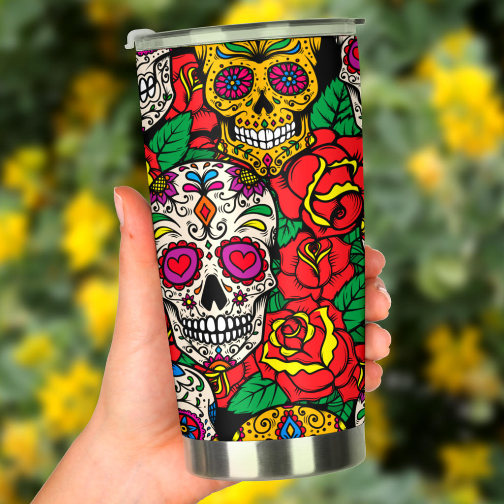 Sugar skull floral tumbler mug cup