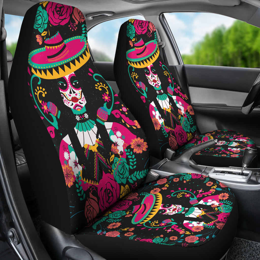 Set of 2 pcs sugar skull car seat covers