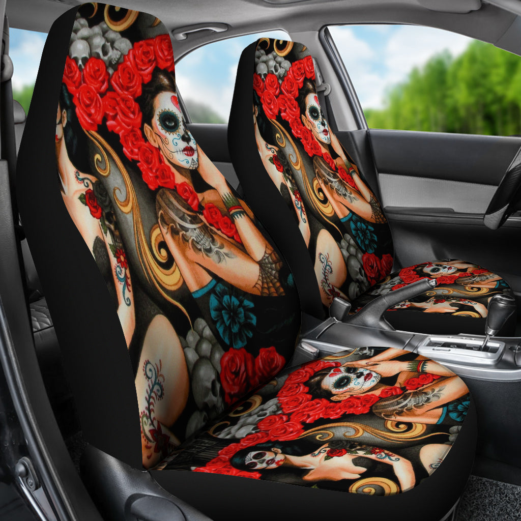 Set 2 pcs day of the dead sugar skull car seat covers