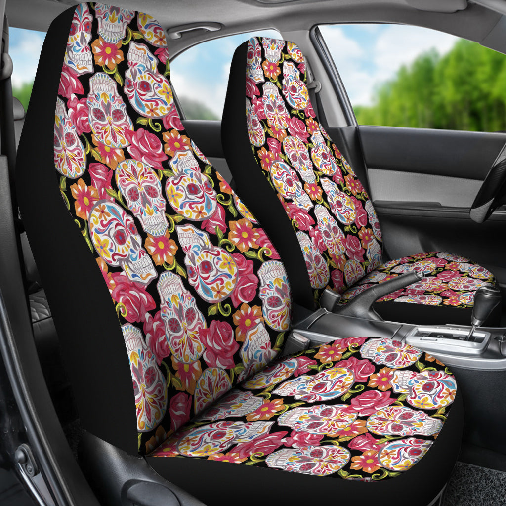 Set of 2 colorful sugar skull car seat covers