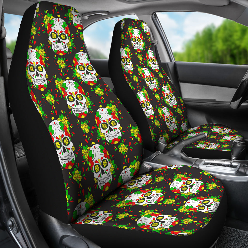 Set of 2 floral sugar skull day of the dead car seat covers