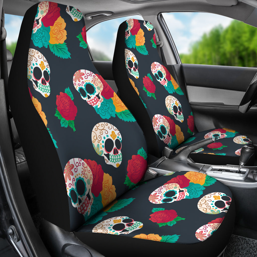 Set 2 pcs Floral sugar skull day of the dead skull car seat covers