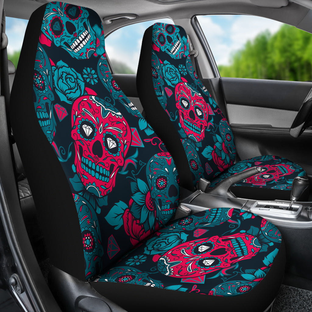 Set of 2 day of the dead sugar skull car seat covers