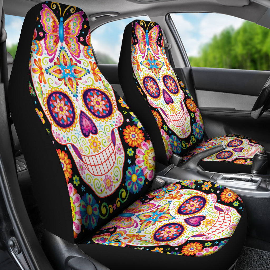 Set 2 pcs sugar skull day of the dead car seat cover