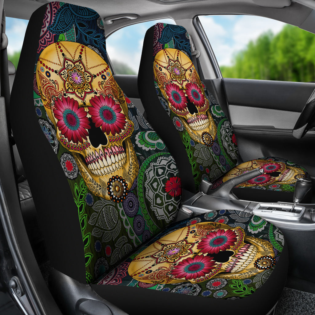 Set of 2 pcs sugar skull car seat covers