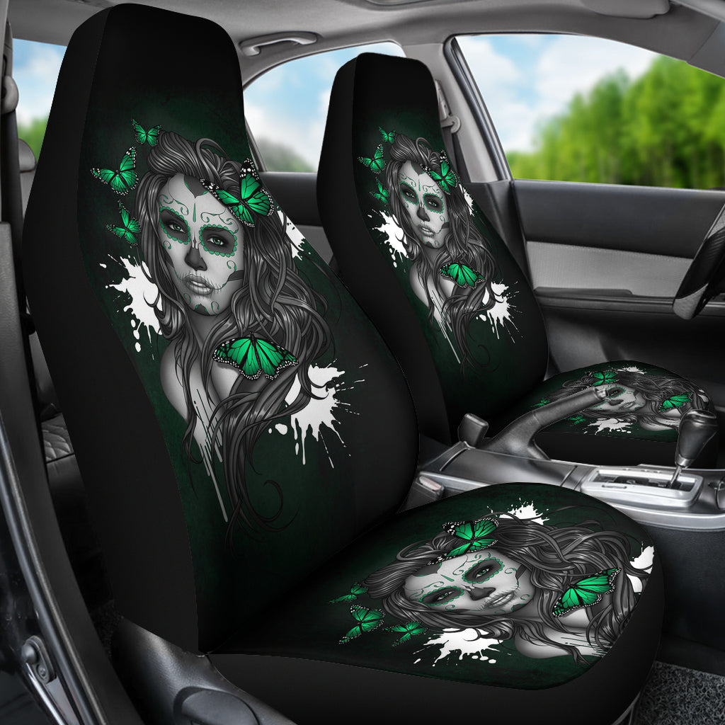 Set of 2 floral girl sugar skull car seat covers