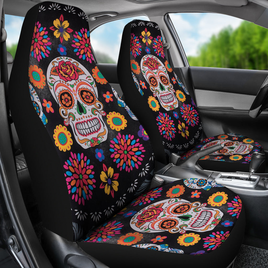 Set 2 pcs Floral sugar skull day of the dead skull car seat covers