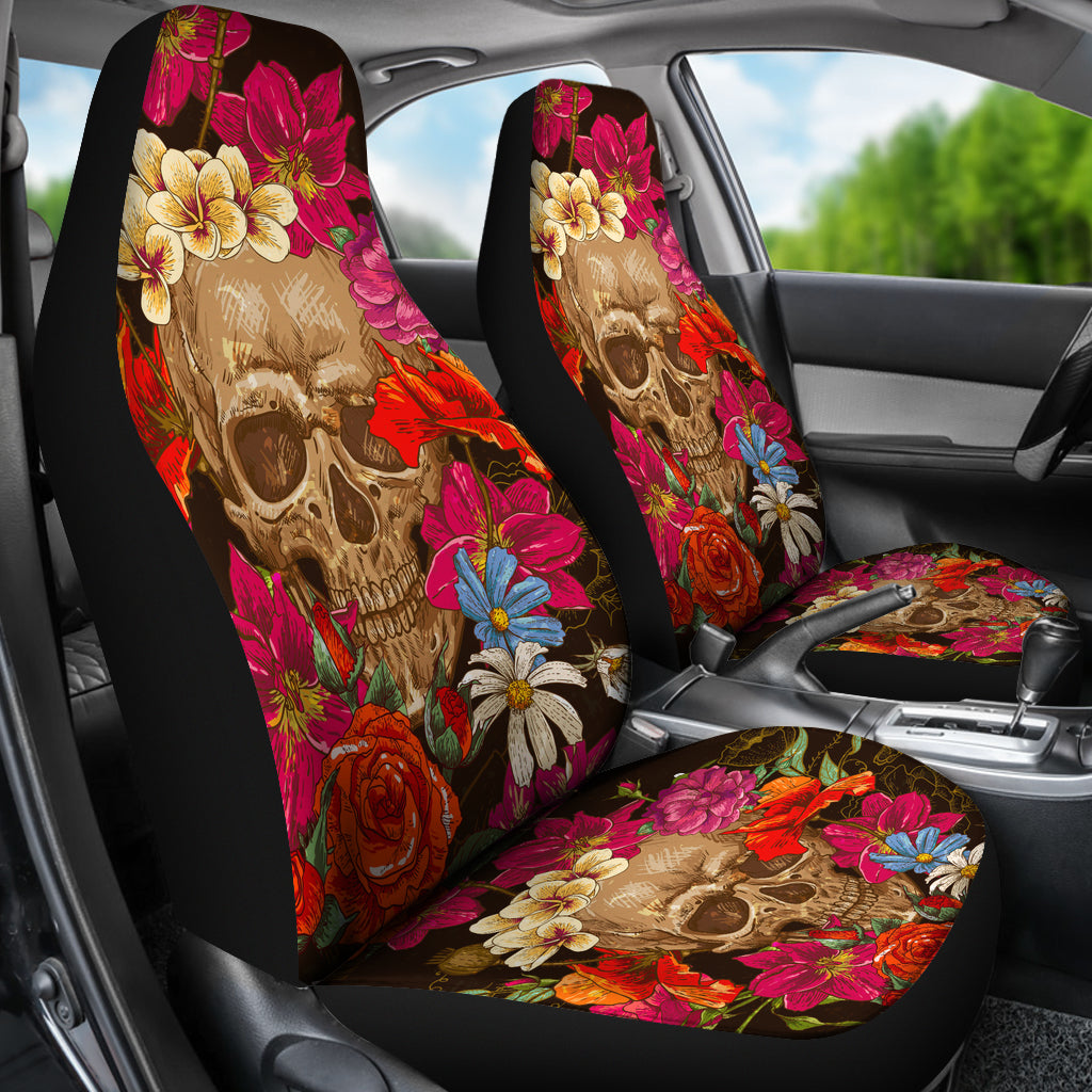 Set of 2 pcs floral skull car seat covers