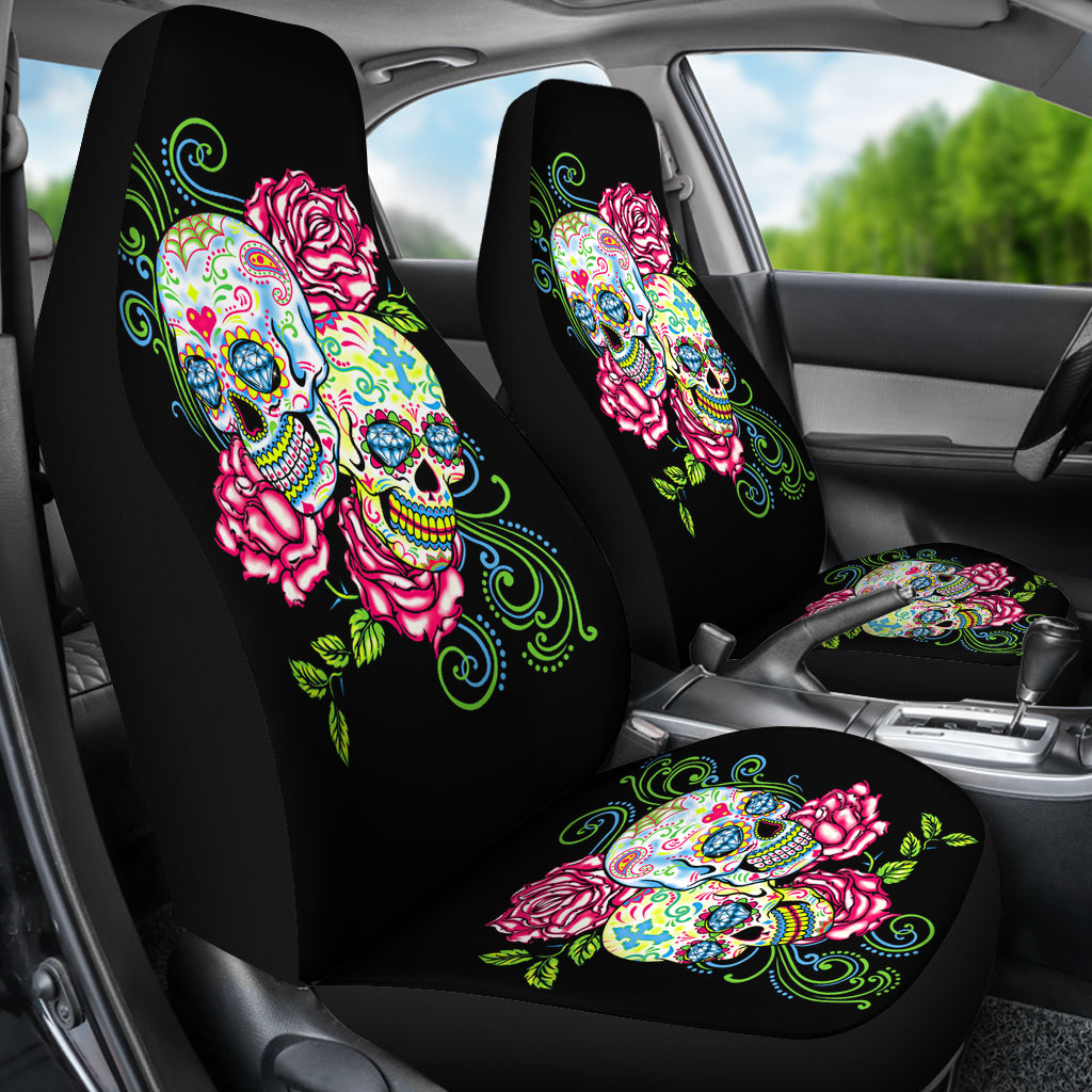 Set of 2 floral sugar skull car seat covers