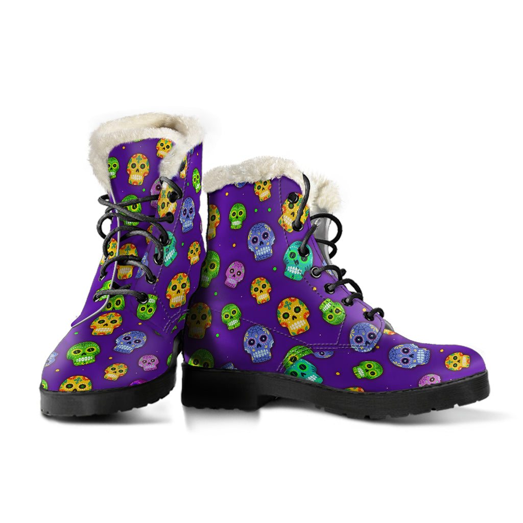 Muerto Sugar Skulls Faux Fur Lined Vegan Leather Boots