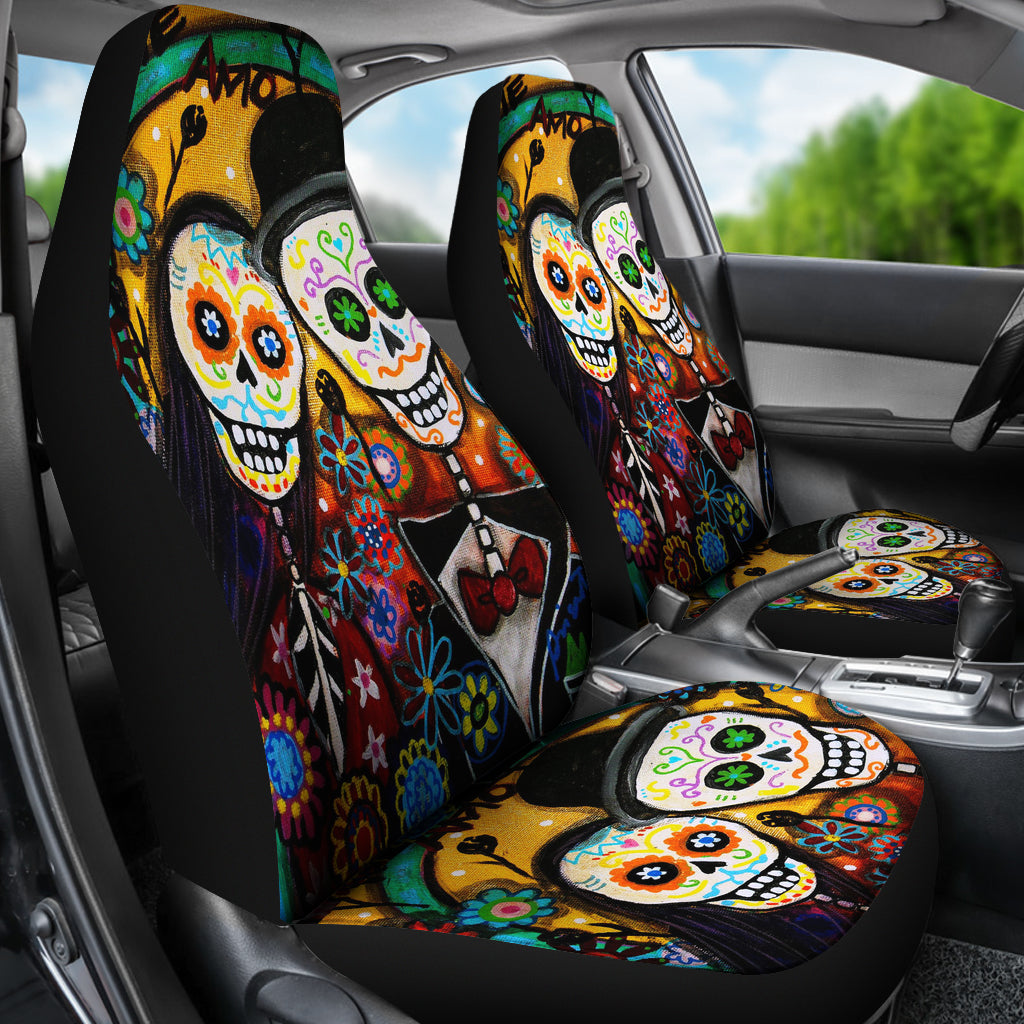 Set of 2 pcs Day of the dead sugar skull car seat cover