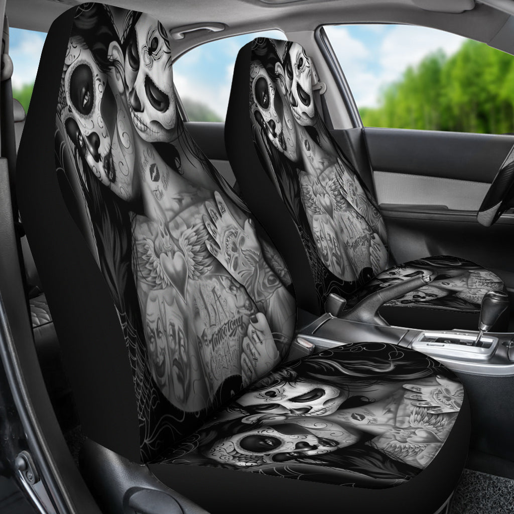 Set of 2 Day of the dead sugar skull car seat covers