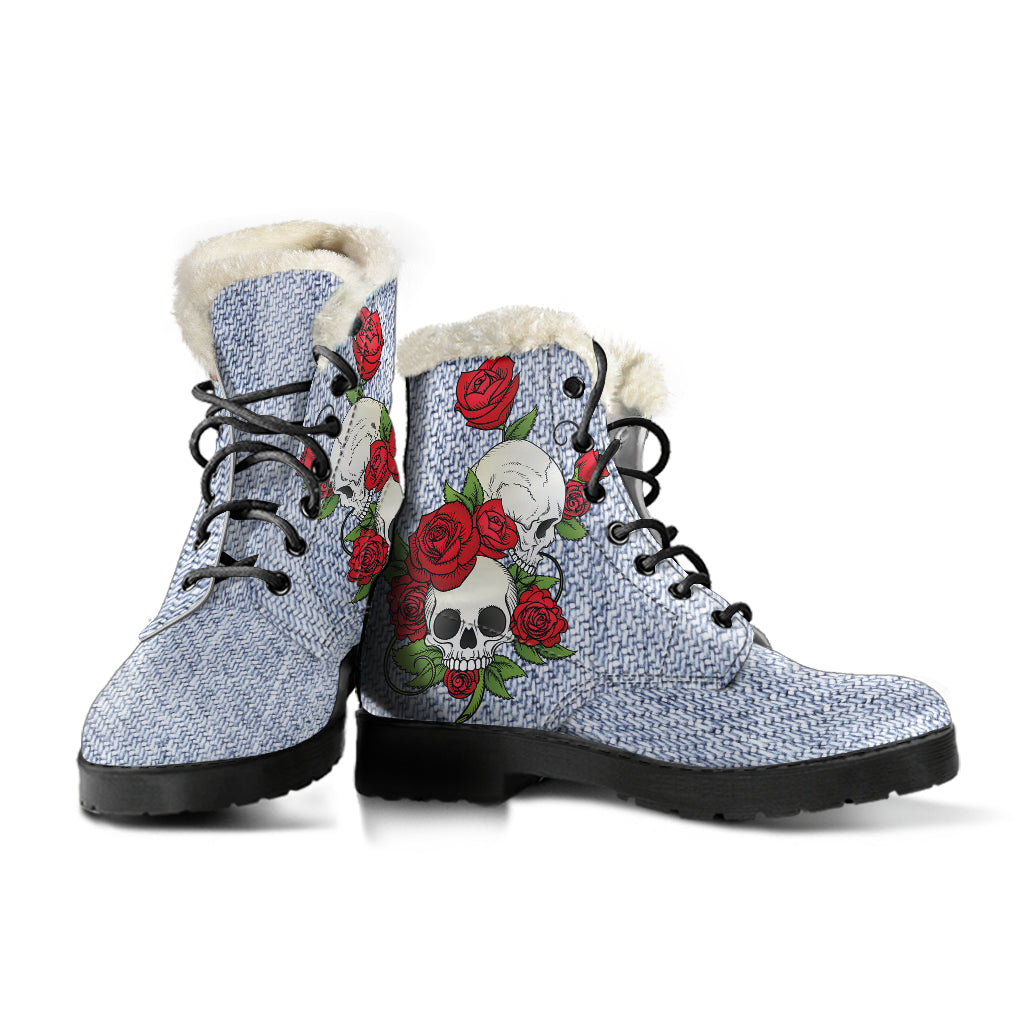 Skull Couple Roses (Light Denim) - Faux Fur Leather Boots