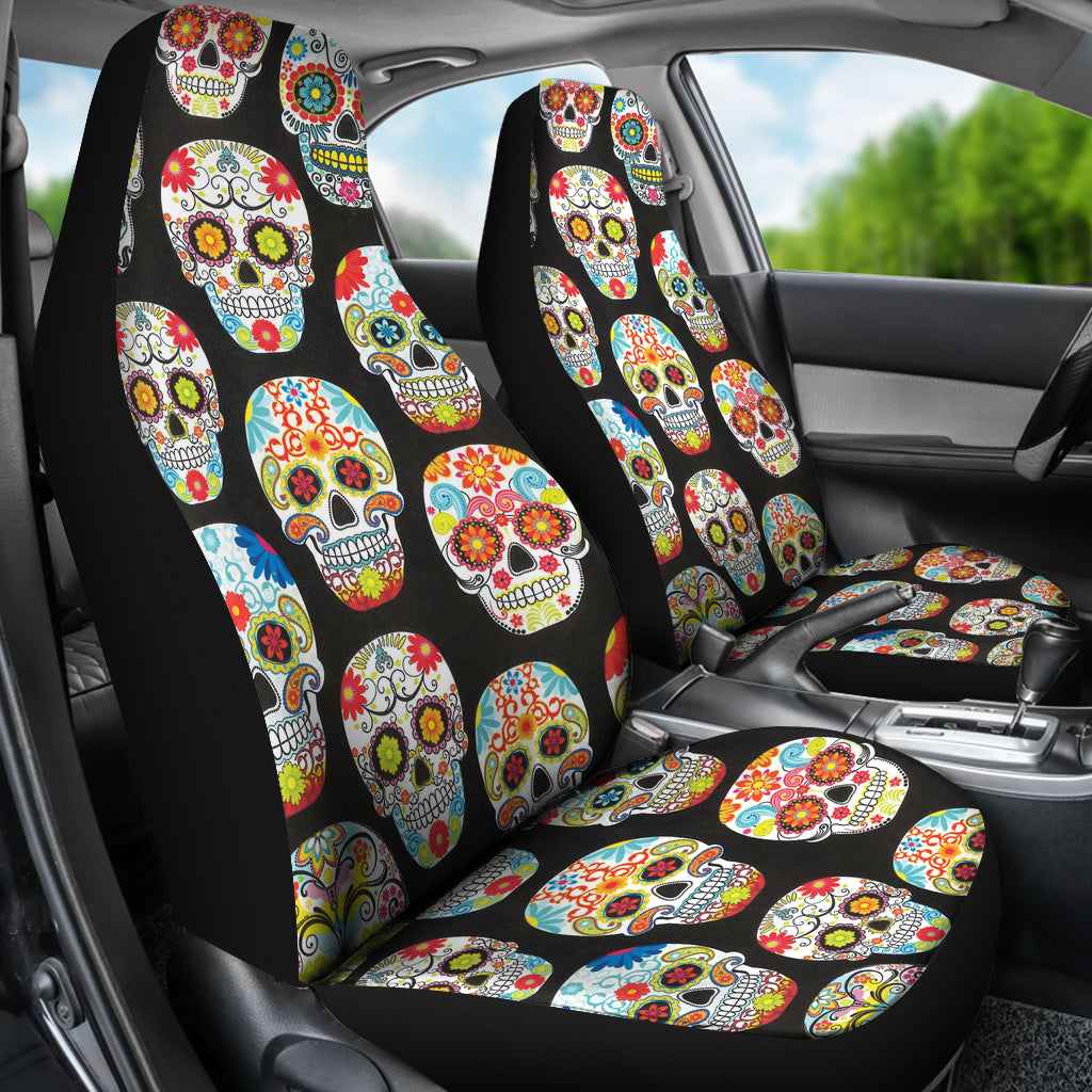 Set of 2 pcs sugar skull day of the dead car seat covers