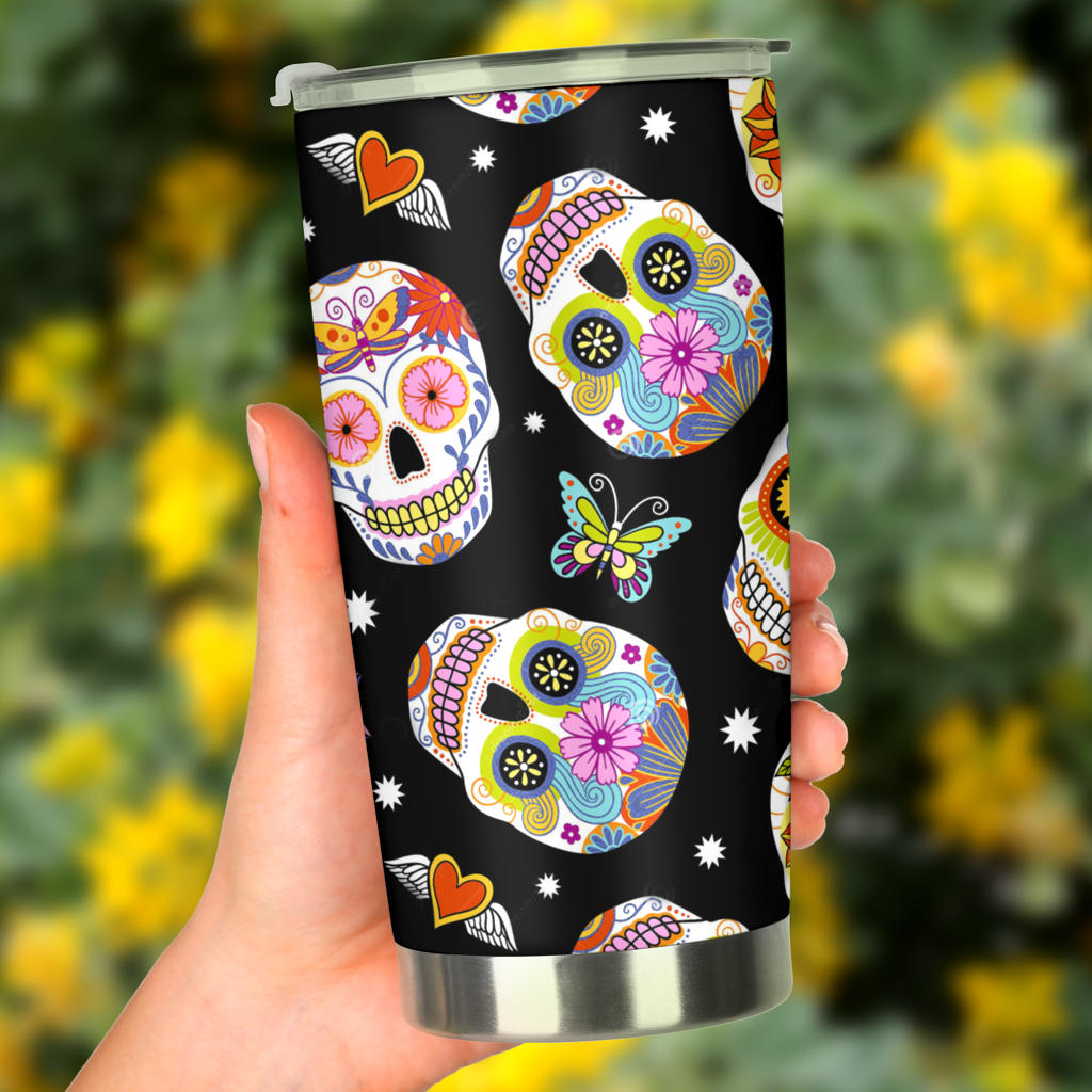 Calaveras skull beer mug, calaveras skull cup, floral skull travel mug, sugar skull coffee mug, dia de los muertos skull travel mug