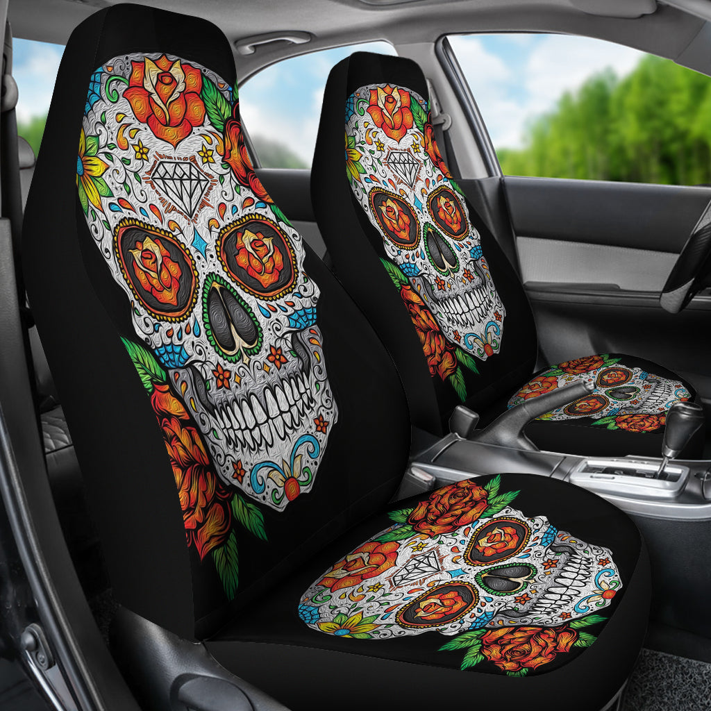 Set of 2 floral sugar skull car seat covers