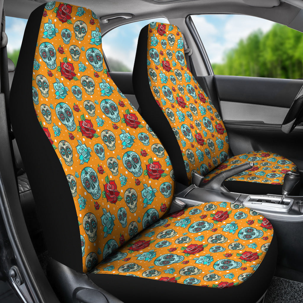 Set 2 pcs Floral sugar skull day of the dead skull car seat covers