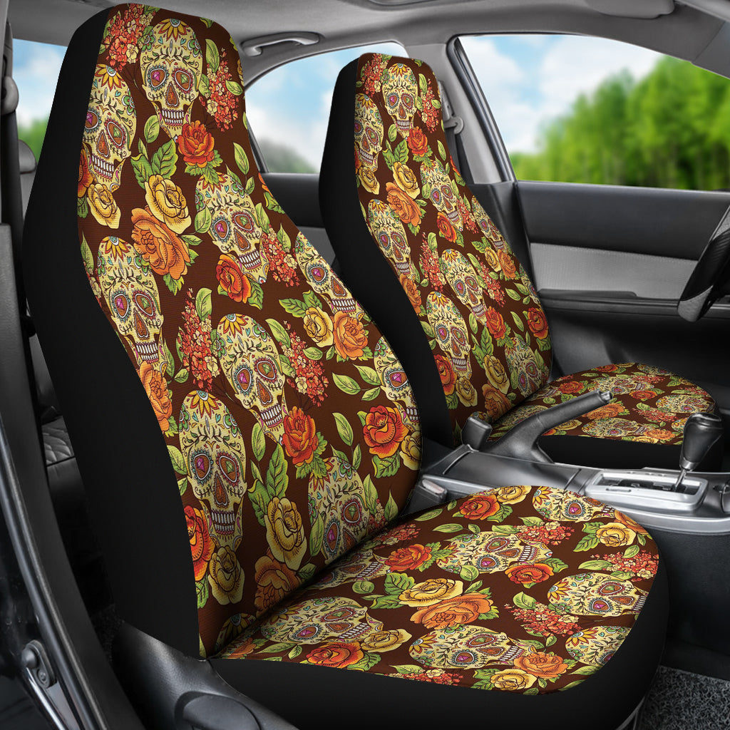 Set of 2 pcs sugar skull floral car seat covers