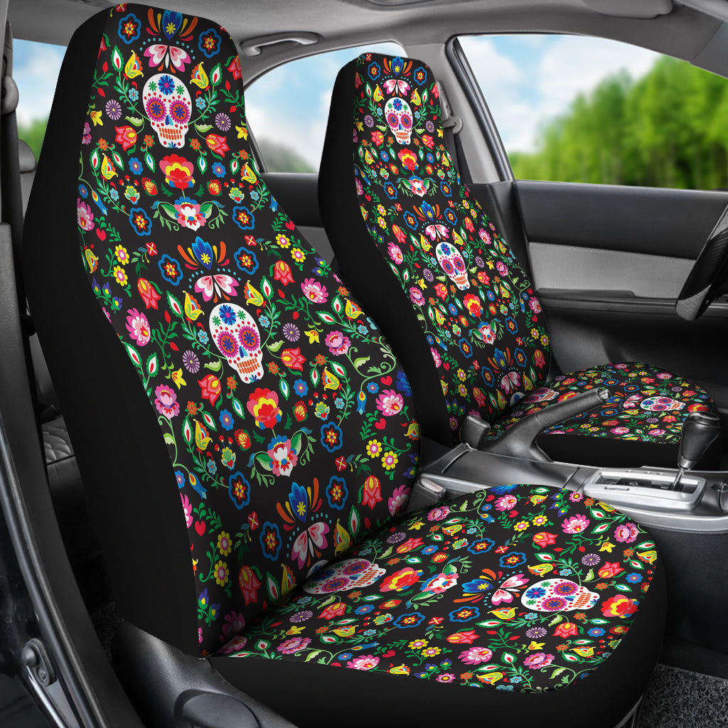 Set of 2 sugar skull mexican skull day of the dead car seat covers