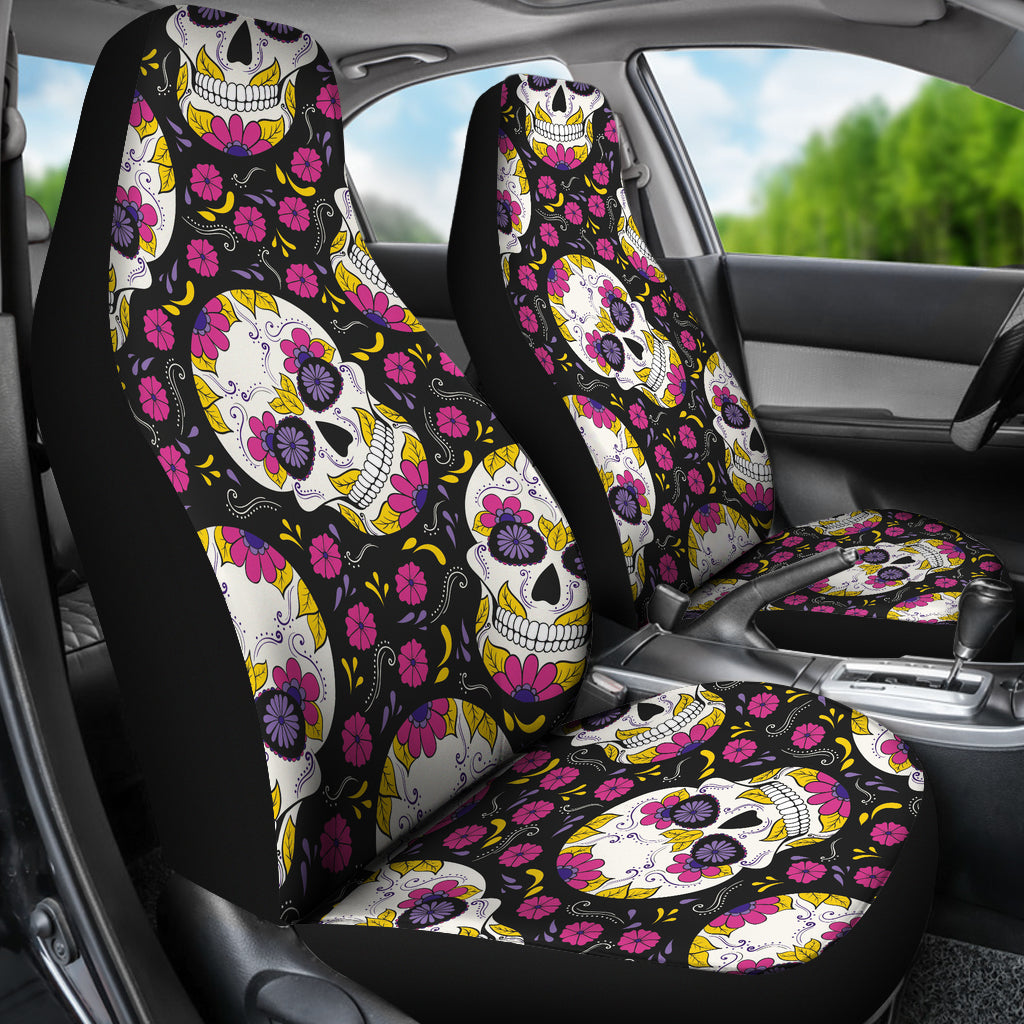 Set of 2 sugar skull mexican skull car seat covers