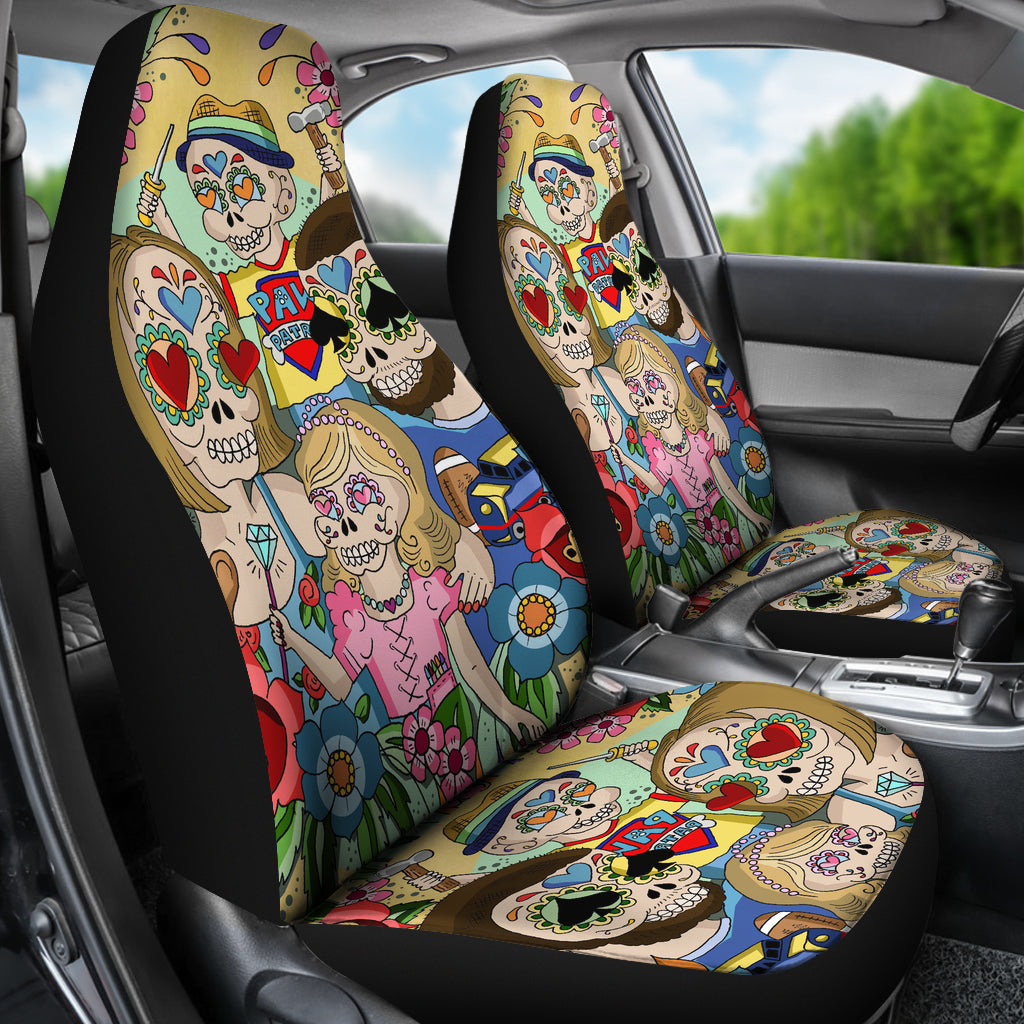 Set of 2 pcs sugar skull car seat covers