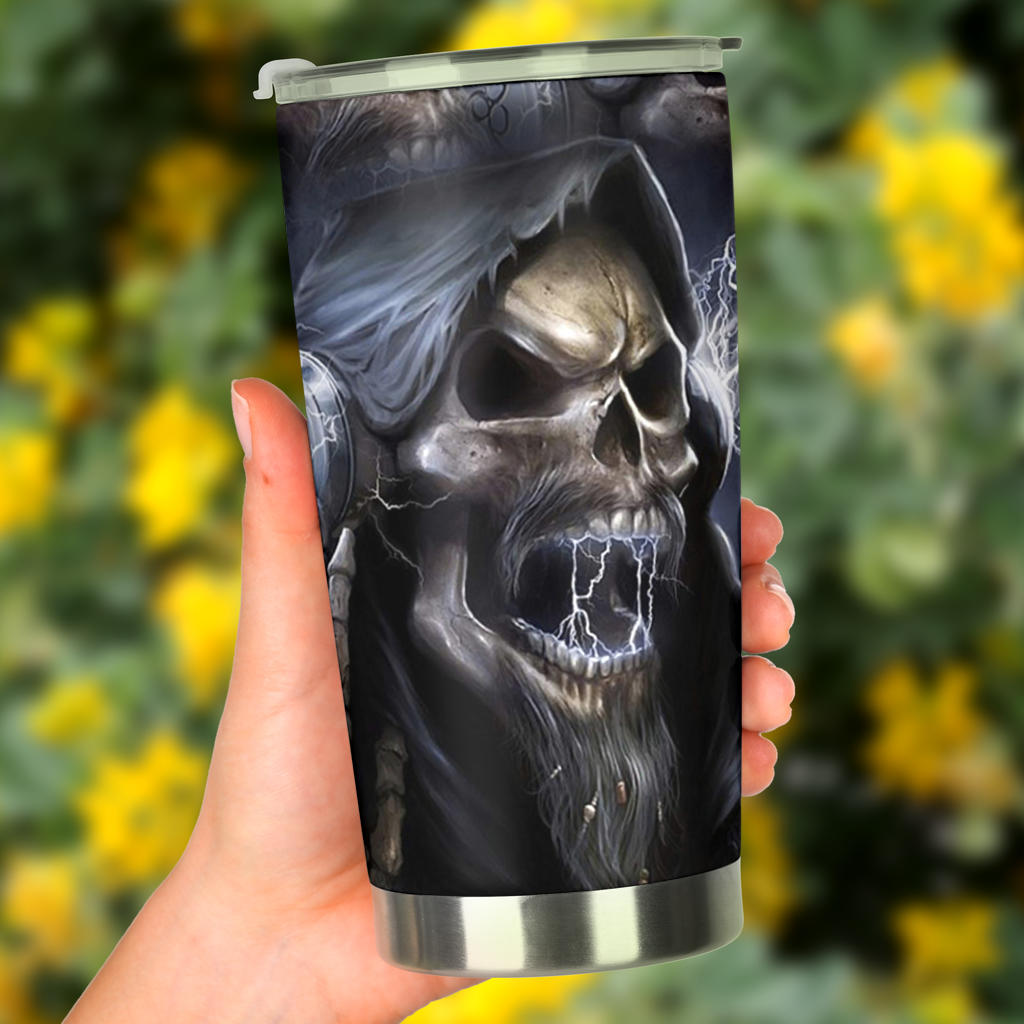 Skull in fire cup, skull in fire mug, skeleton tumblr, grim reaper beer mug, biker skull mug, evil tumbler, flower skull mug