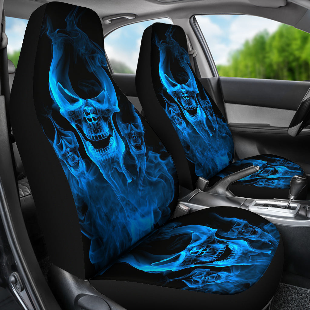 Set of 2 flaming fire skull car seat covers