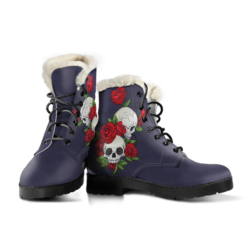 Skull Couple Roses (Eclipse) - Faux Fur Leather Boots