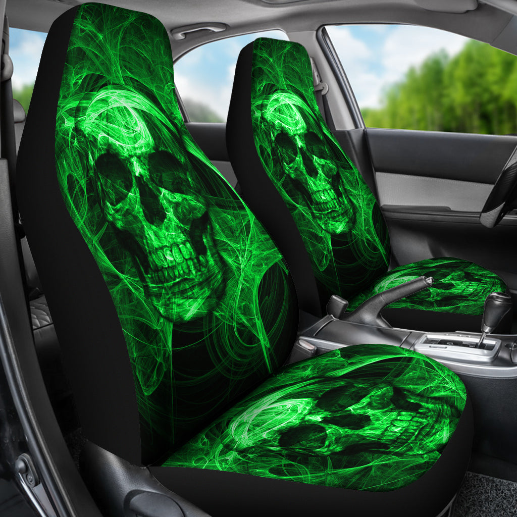 Set of 2 green flaming fire skull car seat covers