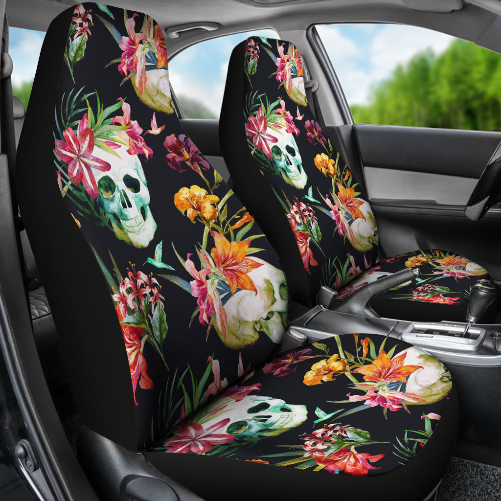 Set of 2 pcs - Skull Floral Fire Halloween skull car seat covers