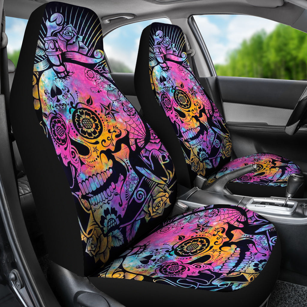 Set of 2 pcs sugar skull car seat covers