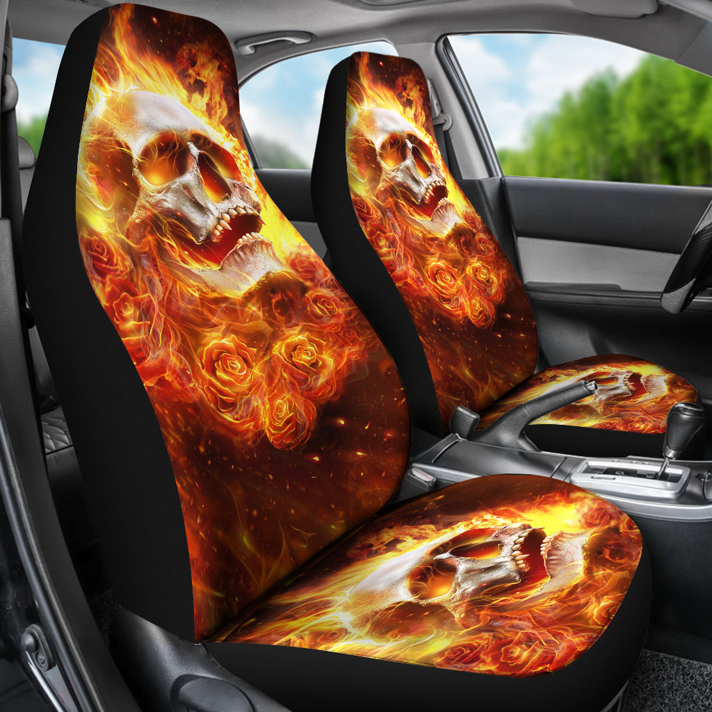 Set 2 pcs flaming skull fire skull seat cover sugar skulls