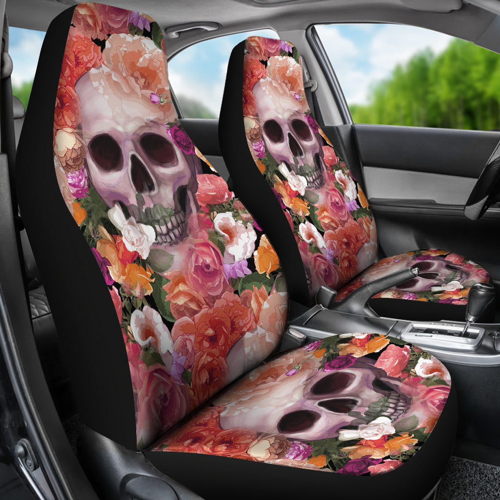 Set of 2 skull skeleton floral skull car seat covers