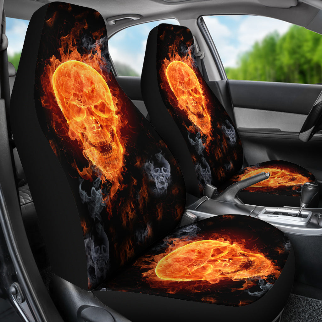 Set of 2 pcs - Skull Gothic Horror Flaming Fire halloween skull car seat covers