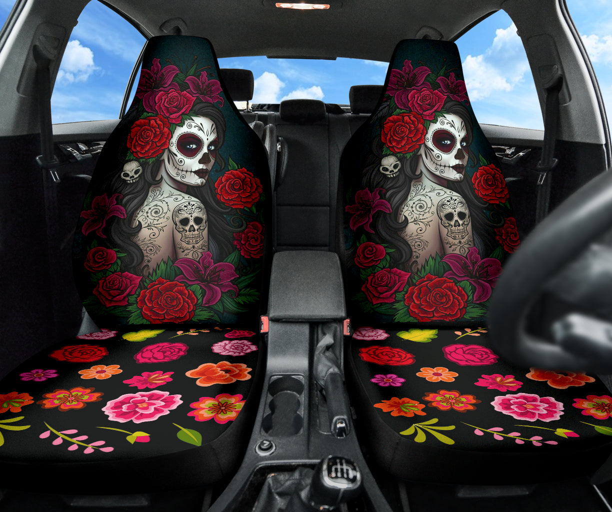 Set 2 pcs Sugar skull girls Day of the dead car seat covers