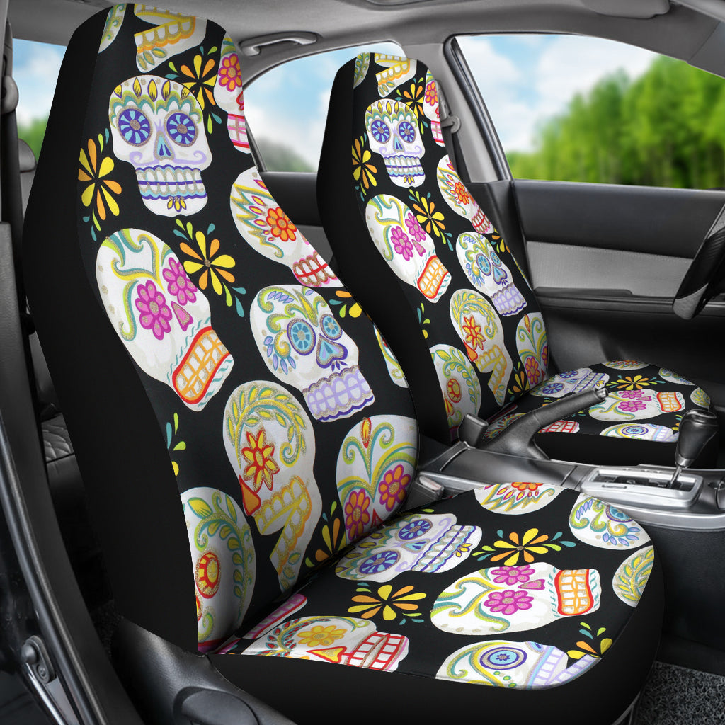 Set 2 pcs Floral sugar skull day of the dead skull car seat covers