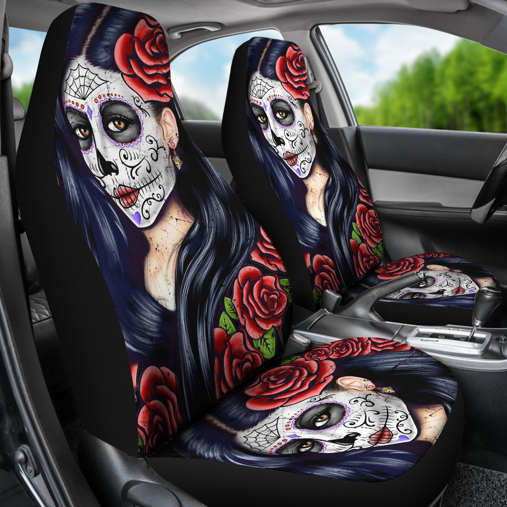 Set of 2 pcs sugar skull girl car seat covers