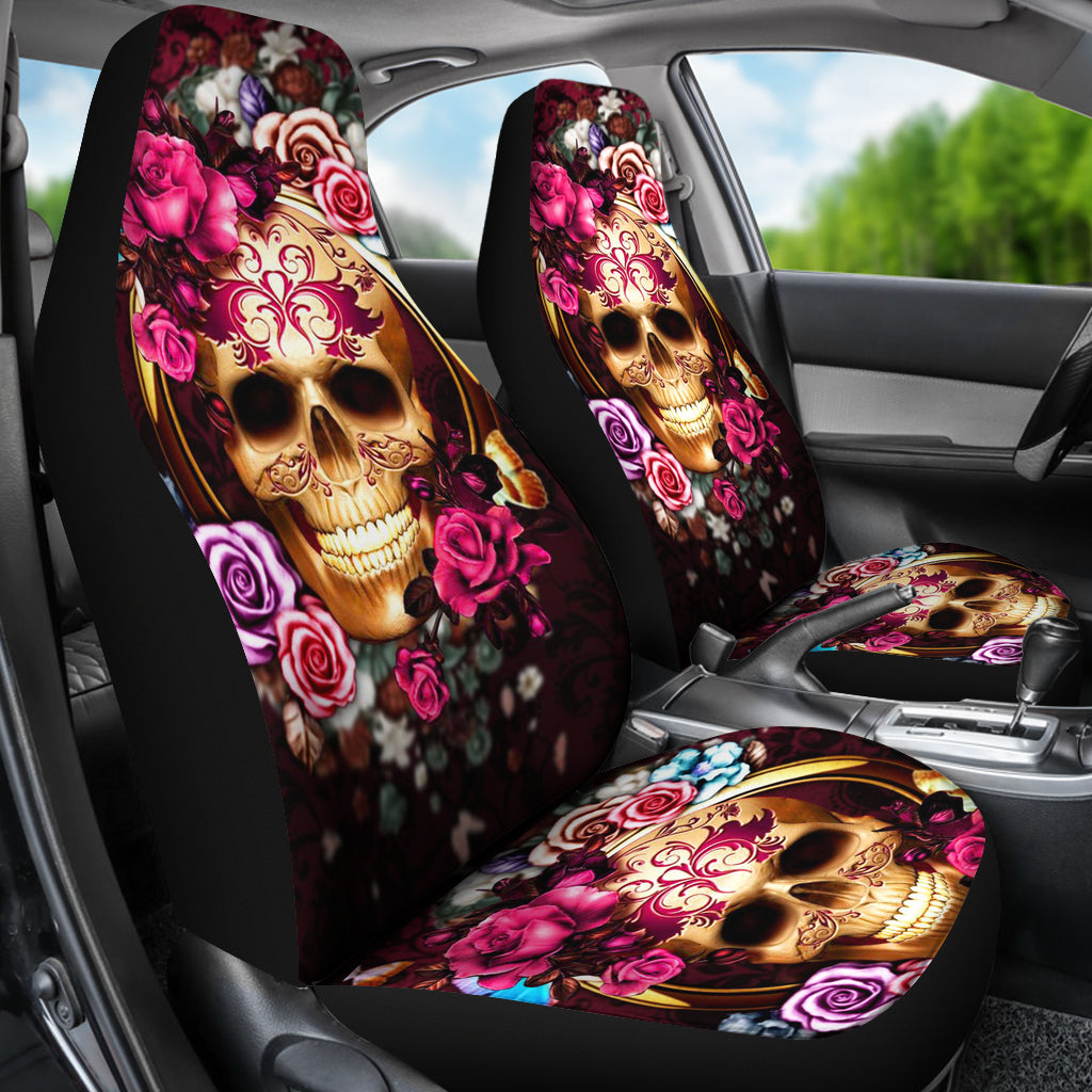 Set of 2 floral beautiful sugar skull car seat covers