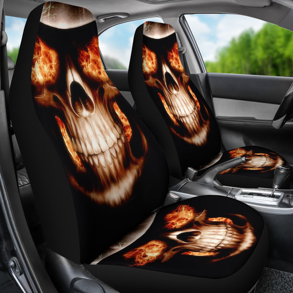 Set of 2 flaming fire skull car seat covers