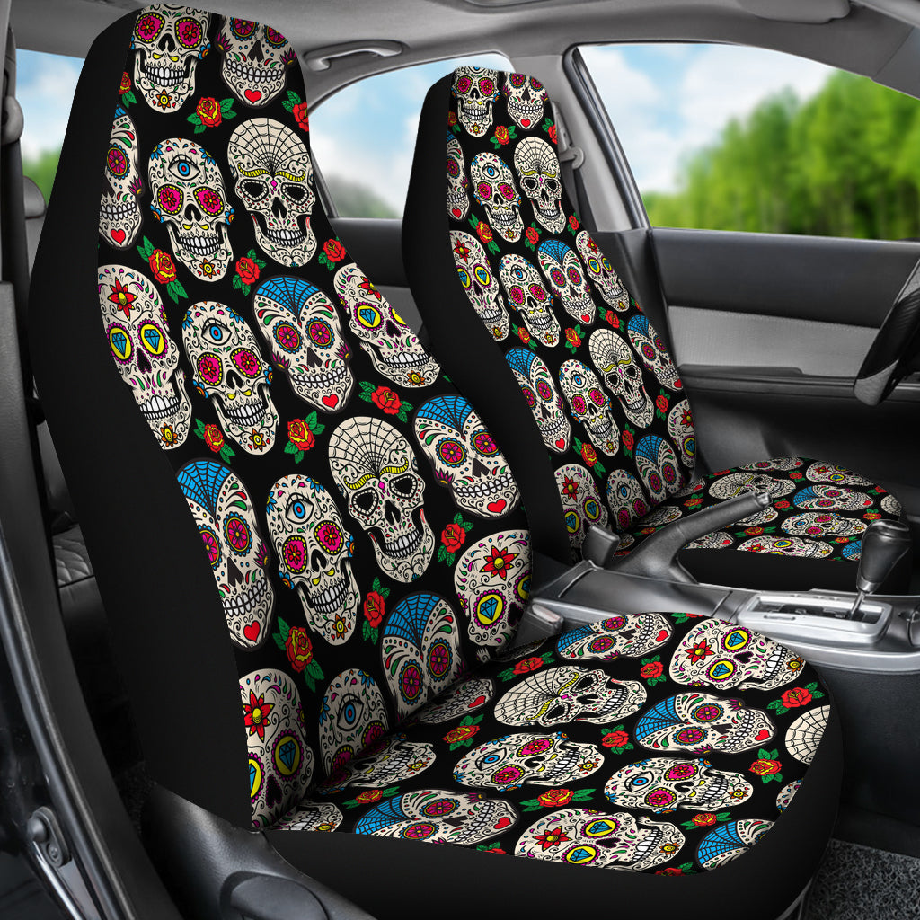 Set 2 pcs Floral sugar skull day of the dead skull car seat covers