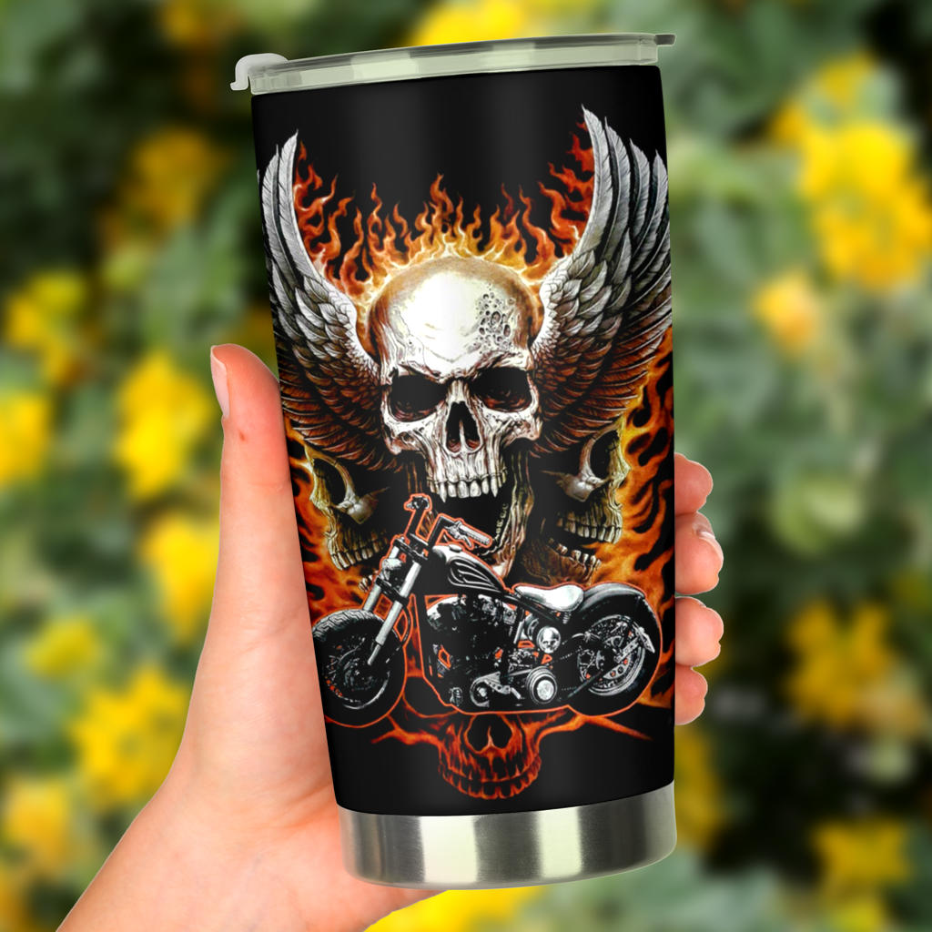 Motorcycle biker skull tumbler cup mug