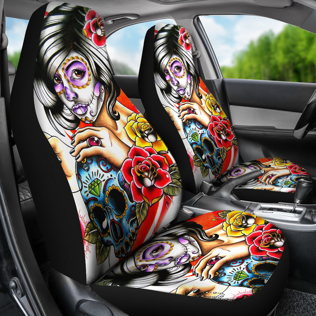 Set of 2 pcs day of the dead sugar skull girl car seat covers