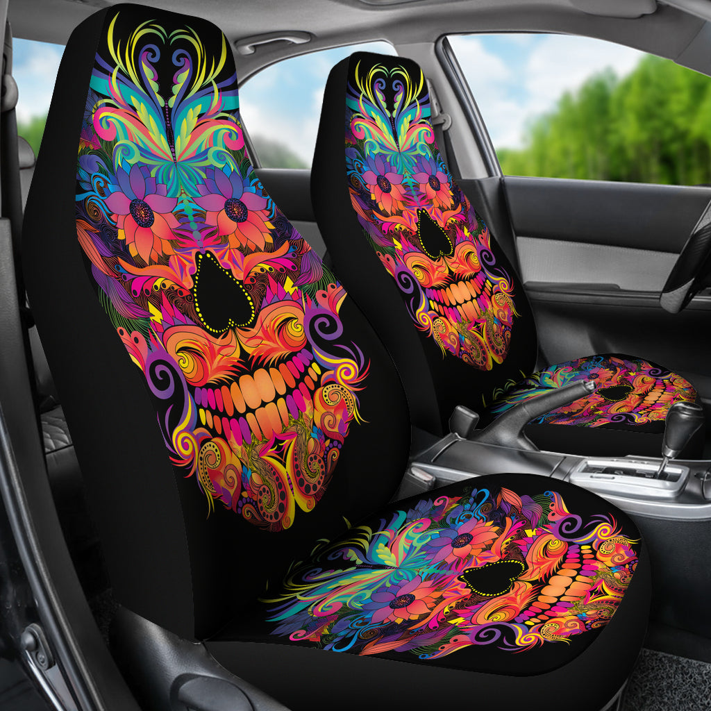 Set of 2 colorful sugar skull car seat covers