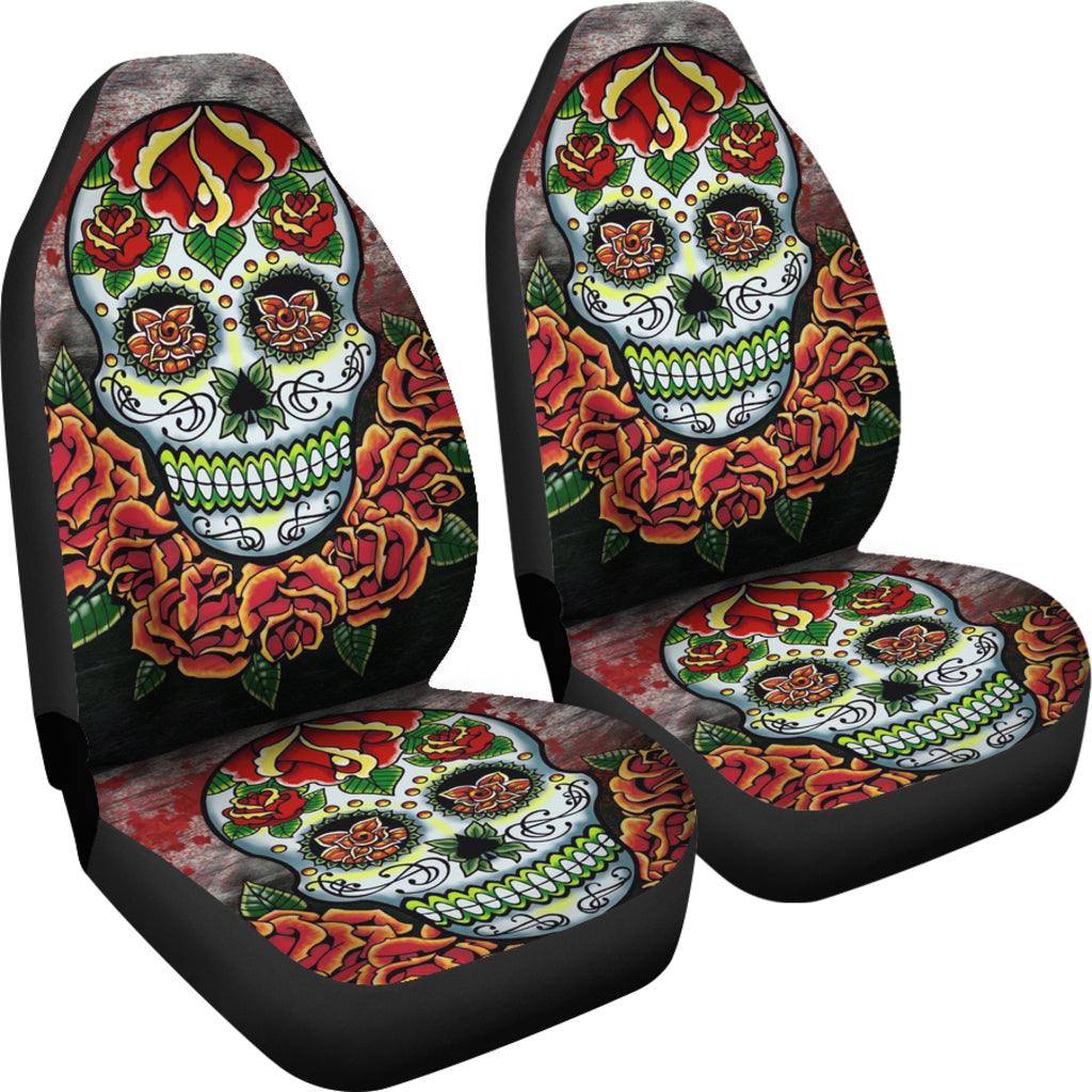 Set of 2 pcs floral sugar skull car seat covers